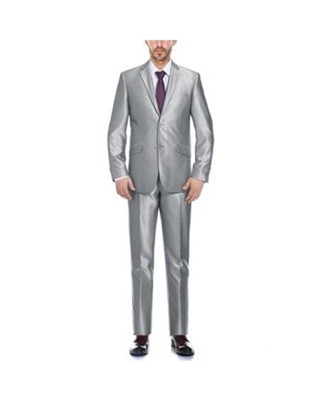 Renoir Suits - Renoir Fashion Verno Cavallo Men'S Silver Solid Pattern Slim Fit Polyester Suit