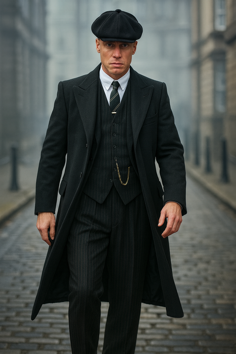 Brand New Quality 1920's English Style Peaky Blinders Style Vested Peaky Blinders Suit - Peaky Blinders Outfit + Overcoat + Hat (Peaky Blinder Custome)