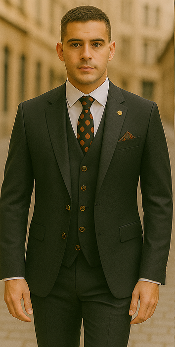 Rossiman Black Suit for Men – Classic 1-Button Peak Lapel Jacket & Double-Breasted Vest