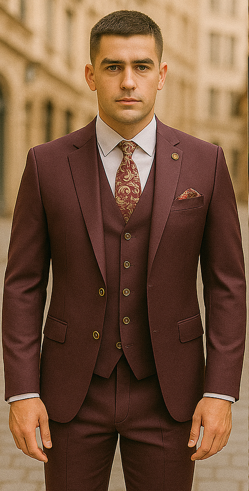 Rossiman Burgundy Suit for Men – Peak Lapel 1-Button Jacket & Double-Breasted Vest