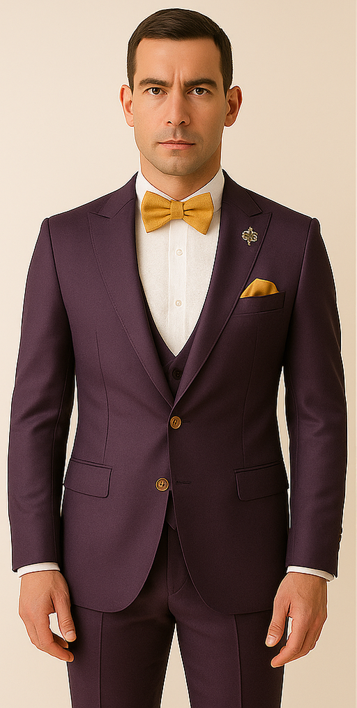 Rossiman Men’s Plum Purple Suit – Gold Buttoned Double-Breasted Elegance