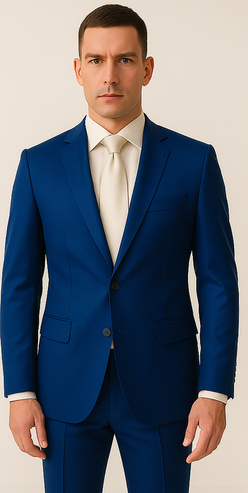 Rossiman Men’s Royal Blue Glossy Sateen Suit – Bold & Refined Look