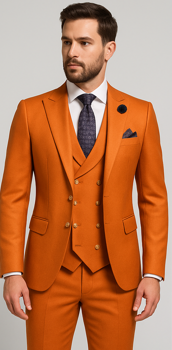 Rossiman Men's Rust Slim Fit Suit – 3-Piece Set with Double-Breasted Vest & Flat Front Pants