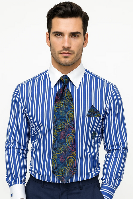 Royal Blue Stripe Colorful Men's Dress Shirt