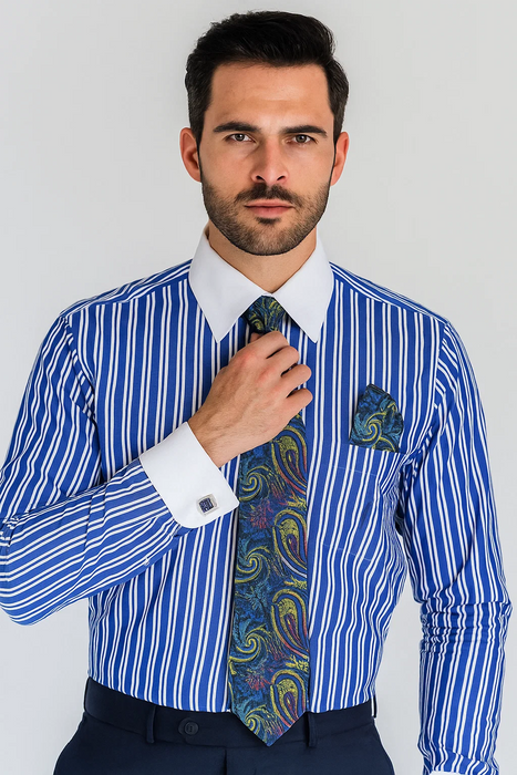 Royal Blue Stripe Colorful Men's Dress Shirt