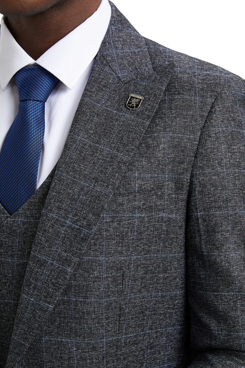 Men's Stacy Adam's One Button Vested Peak Lapel Business Suit in Charcoal Grey Plaid - Image 5