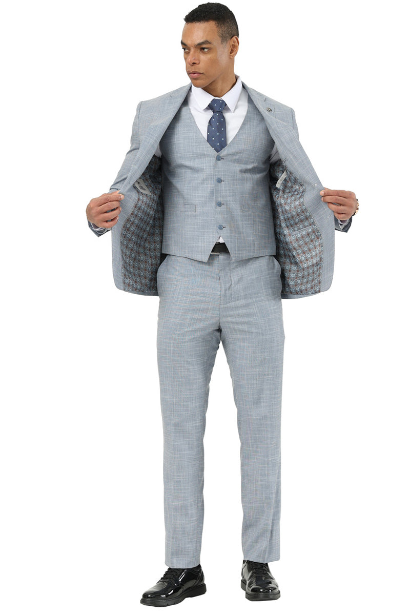 Men's Designer Stacy Adams Vested Suit in Light Grey Sharkskin Weave - Image 4