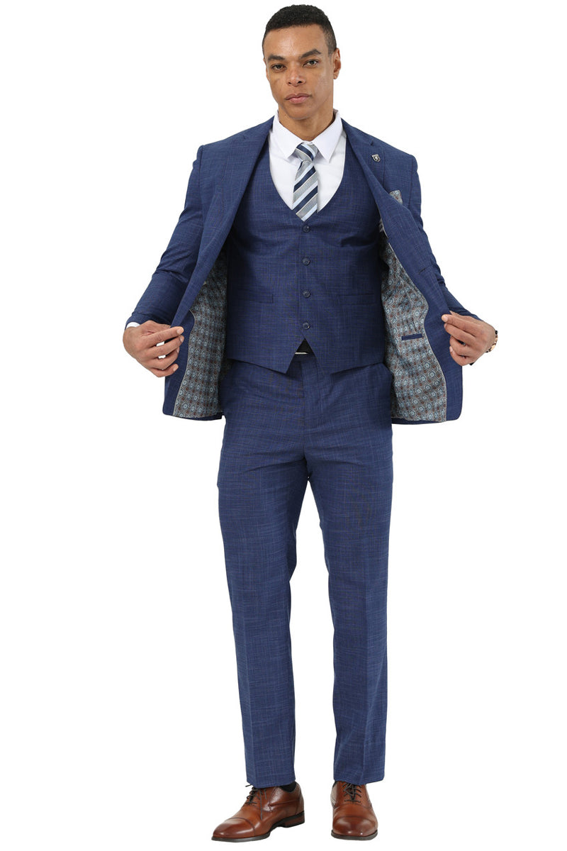 Men's Designer Stacy Adams Vested Suit in Indigo Blue Sharkskin Weave - Image 3