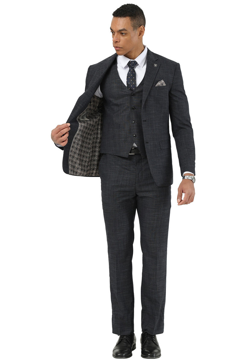 Men's Designer Stacy Adams Vested Suit in Black Sharkskin Weave - Image 4