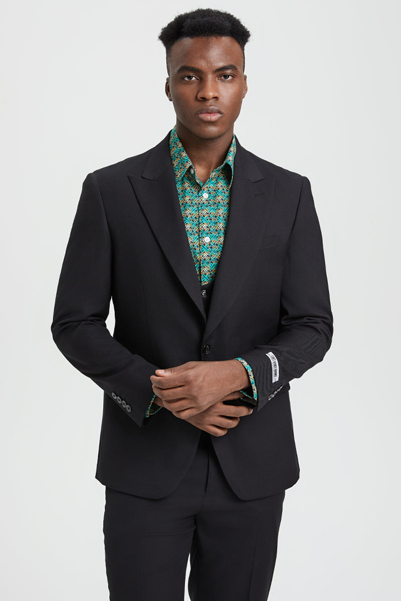 Men's Vested One Button Peak Lapel Stacy Adams Designer Suit in Black - Image 5