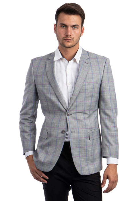 Saco vaquero - Western Sport Coat - Western Blazer - Men's Two Button Regular Fit Sport Coat In Light Grey With Blue & Pink Windowpane Plaid