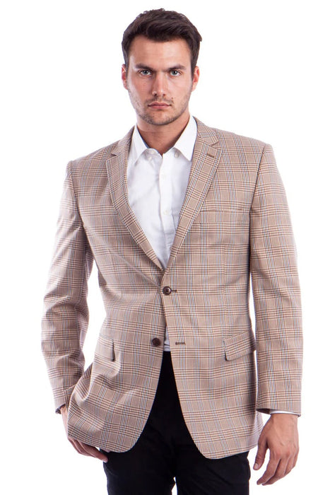 Saco vaquero - Western Sport Coat - Western Blazer- Men's Two Button Regular Fit Tan & Blue Double Windowpane Plaid Blazer
