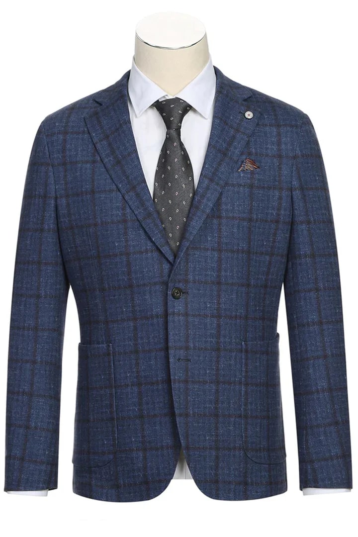 Saco vaquero - Western Sport Coat - Western Blazer - Mens Slim Fit Half Canvas Patch Pocket Summer Cotton Blazer In Navy Blue Windowpane Plaid