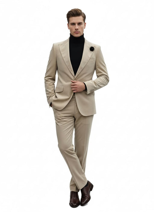 Mens Sand Beige Velvet Tuxedo Suit – 2 Piece Slim Fit Blazer and Pants Formal Set - Winter Fabric Natural Color