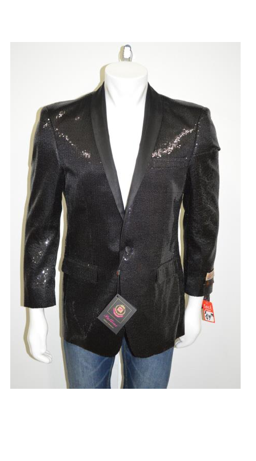 Satin Shiny Sequins One Button Blazer Shawl Collar 100% Polyester Black