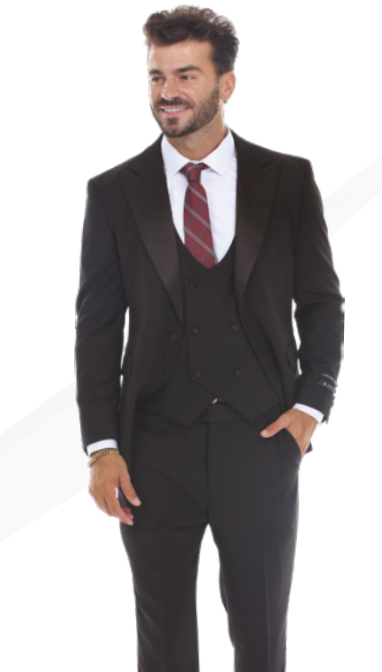 Alberto Nardoni Men’s Black Tuxedo with Peak Lapel, Double Breasted Vest and Flat Front Pants