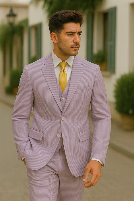 Sear Sucker Suit Mens 3pc 100% Cotton Seersucker Sear sucker suits Lavender & Pink - High End Suits - High Quality Suits