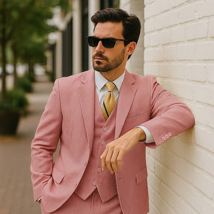 Sear Sucker Suit Mens 3pc 100% Cotton Seersucker Sear sucker suits Lavender & Pink - High End Suits - High Quality Suits
