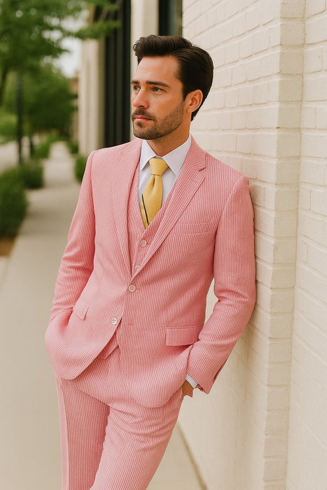 Sear Sucker Suit Mens 3pc 100% Cotton Seersucker Sear sucker suits Lavender & Pink - High End Suits - High Quality Suits