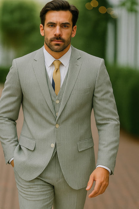 Sear Sucker Suit Mens 3pc 100% Cotton Seersucker Sear sucker suit Red & Grey - High End Suits - High Quality Suits