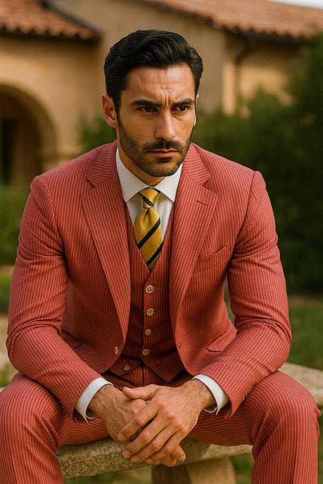 Sear Sucker Suit Mens 3pc 100% Cotton Seersucker Sear sucker suit Red & Grey - High End Suits - High Quality Suits