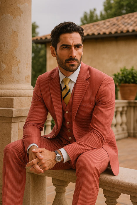 Sear Sucker Suit Mens 3pc 100% Cotton Seersucker Sear sucker suit Red & Grey - High End Suits - High Quality Suits