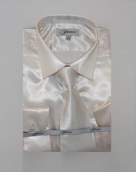 Affordable Clearance Cheap Mens Dress Shirt Sale Online Trendy - FerSH1 Men's Ivory ~ Cream Shiny Luxurious Shirt Off White