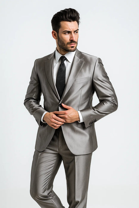 Shiny 2 Button Silver Grey Suit