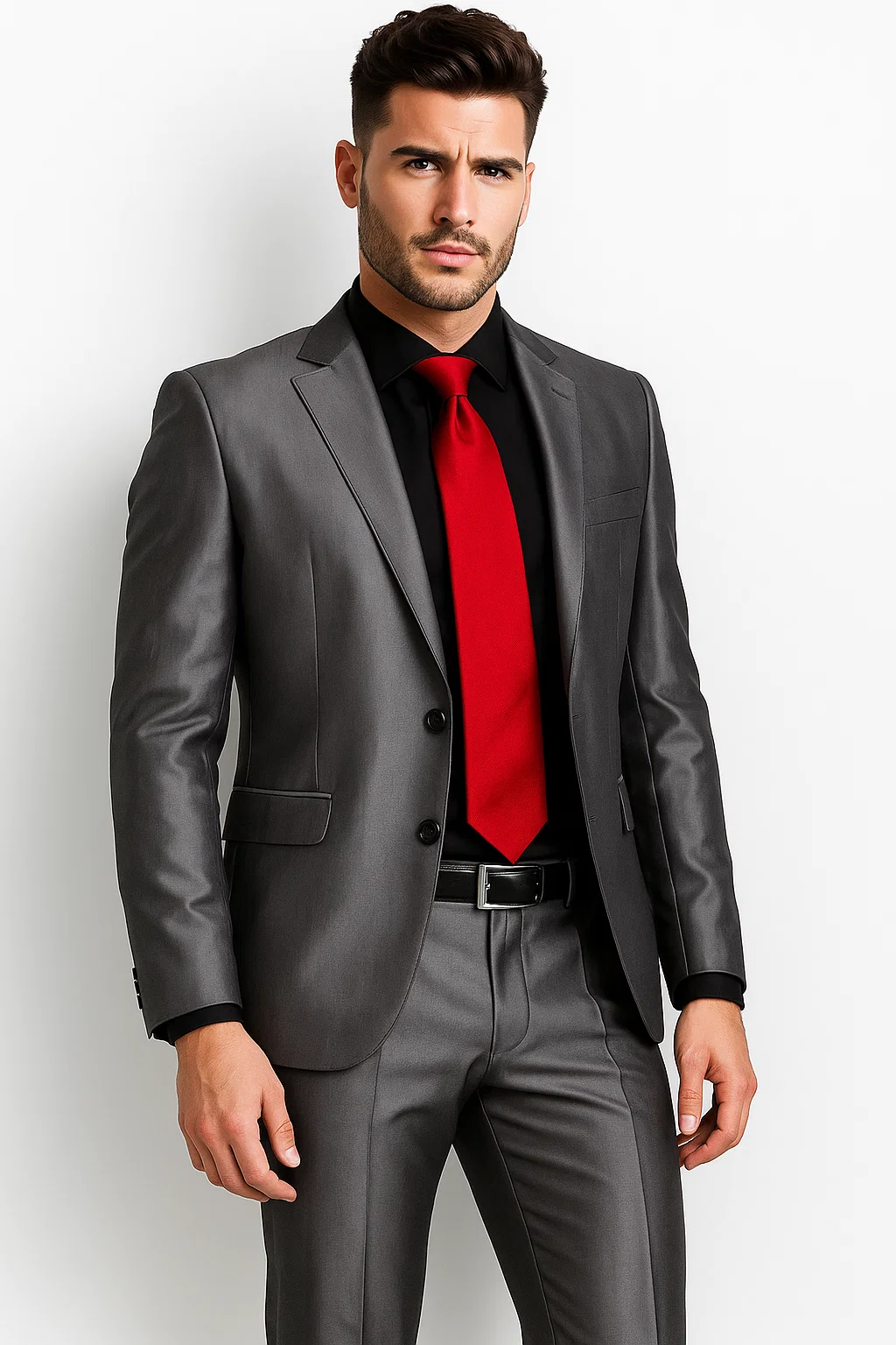 Shiny Sharkskin Charcoal Gray 2 Button Style Jacket Flat Front Pants New Style - Color: Dark Grey Suit