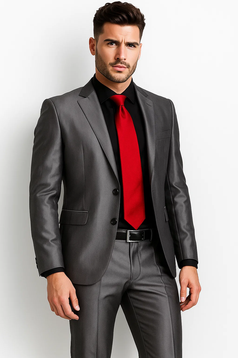Shiny Sharkskin Charcoal Gray 2 Button Style Jacket Flat Front Pants New Style  - Color: Dark Grey Suit