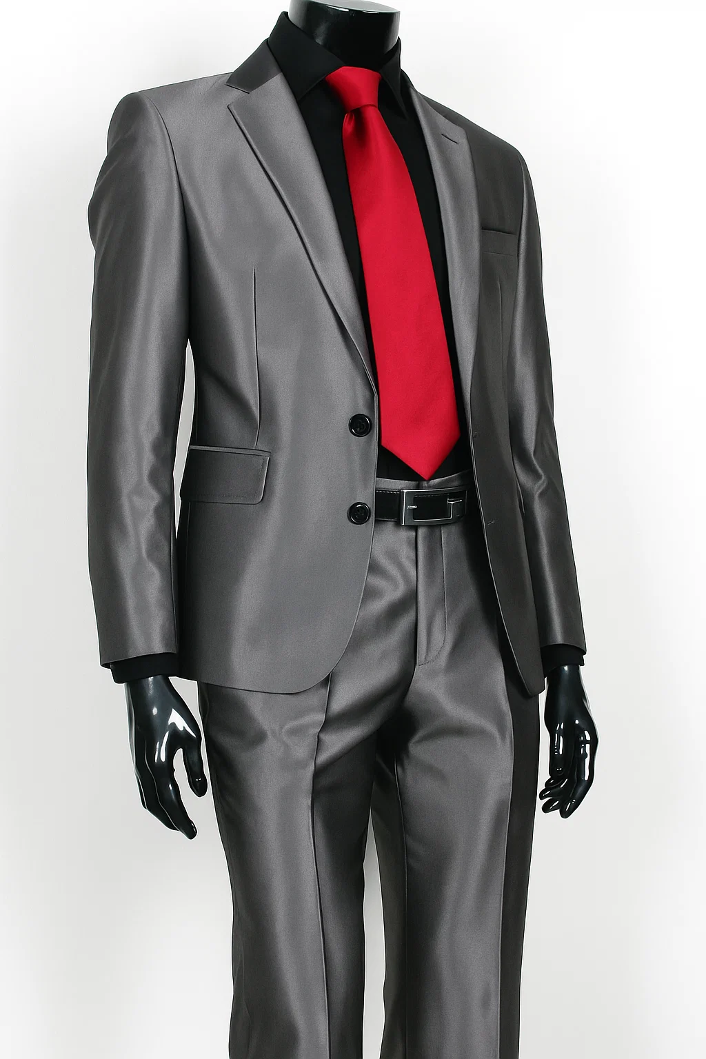 Men’s Shiny Sharkskin Charcoal Gray Suit, 2 Button Dark Grey Formal Suit with Flat Front Pants