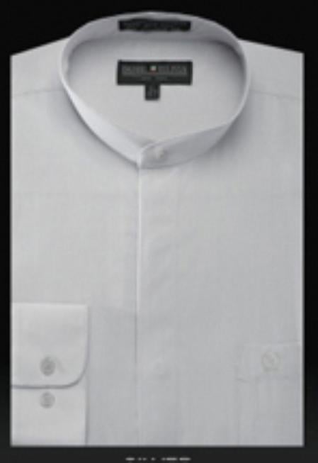 LGSG01 Oriental Mao Chines Style No Collar Basic Banded Collar Preacher Round Style Mandarin Collarless Silver Banded Collar Men's Dress Shirt