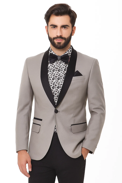 Cheap Priced Blazer Jacket For Men Online Silver Slim Fit Two Toned Black Lapel Shawl Collar Dinner Jacket Looking!