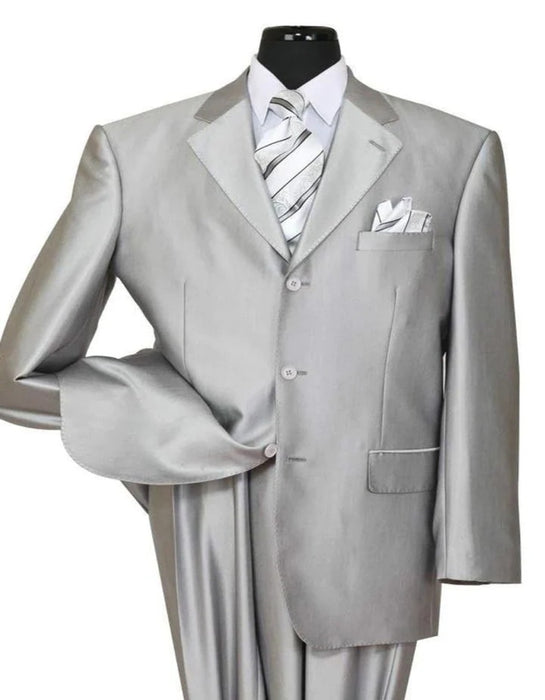Three Button Suit - Classic Fit Pleated Pants - Mens Classic Fit 3 Button Shiny Sharkskin Silver Grey Suit