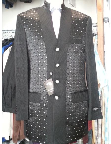 Men's 2 Piece Black 4 Button Mandarian Collar Suits
