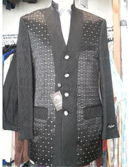 Men's 2 Piece Black 4 Button Mandarian Collar Suits