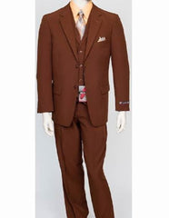 Men's 3 Piece Regular Fit Vest Dress Suit Poly Poplin Cognac