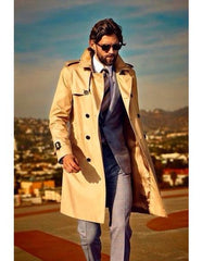 Men's high fashion flip up collar khaki trenchcoat