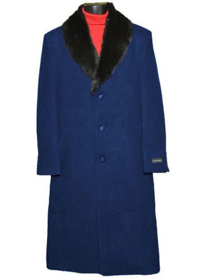 Men's Dress Coat (Removable ) Fur Collar 3 Button Full Length Overcoat ~ Long Men's Dress Topcoat - Winter coat full length Fabric Also Navy Blue