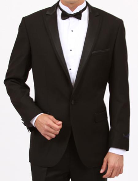 Men'S Black Tuxedo Flap Pocket Top Satin Trim Solid Center Vent