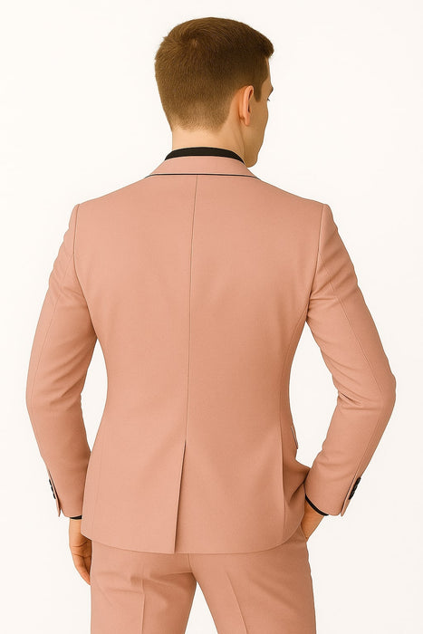 Mens Slim Fit Pink Tuxedo Suit with Black Trim – Modern Wedding and Prom Outfit in Rose Gold Blush Color