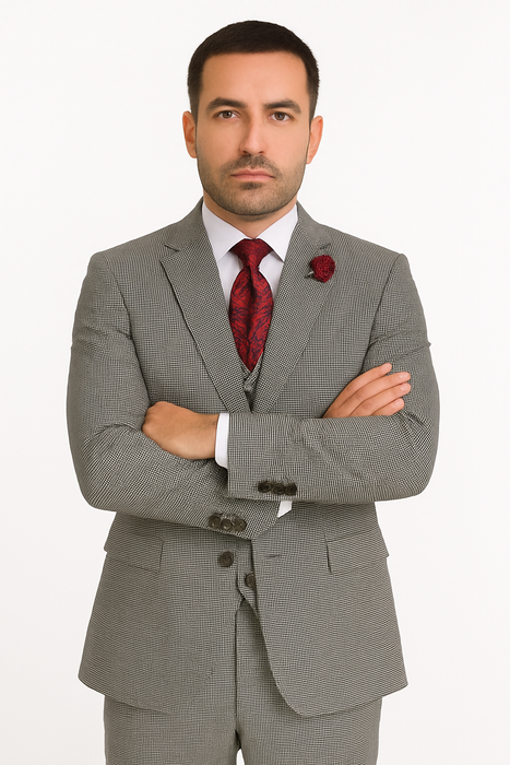 Slim Fit Suits Black/White Houndstooth Tweed Vested 3 Piece Suit 2 Button Side Vented Flat Front