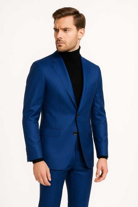 Men's Royal Blue Shiny Satin Suit – 2-Piece Slim Fit Tuxedo with Peak Lapel
