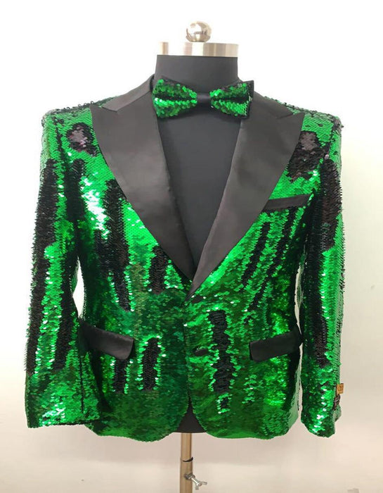 Men's Green Sequin Tuxedo Jacket with Black Satin Lapel and Bow Tie – Sparkling Party and Stage Blazer By Alberto Nardoni