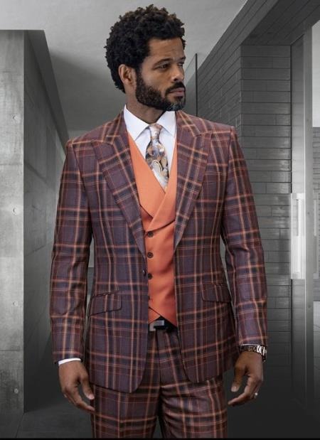Statement Confidence Designer Suit - Copper - Orange - Super 150's Wool Suit 1 Button Peak Lapel Double Breasted Vest Rust Color Perfect For Church