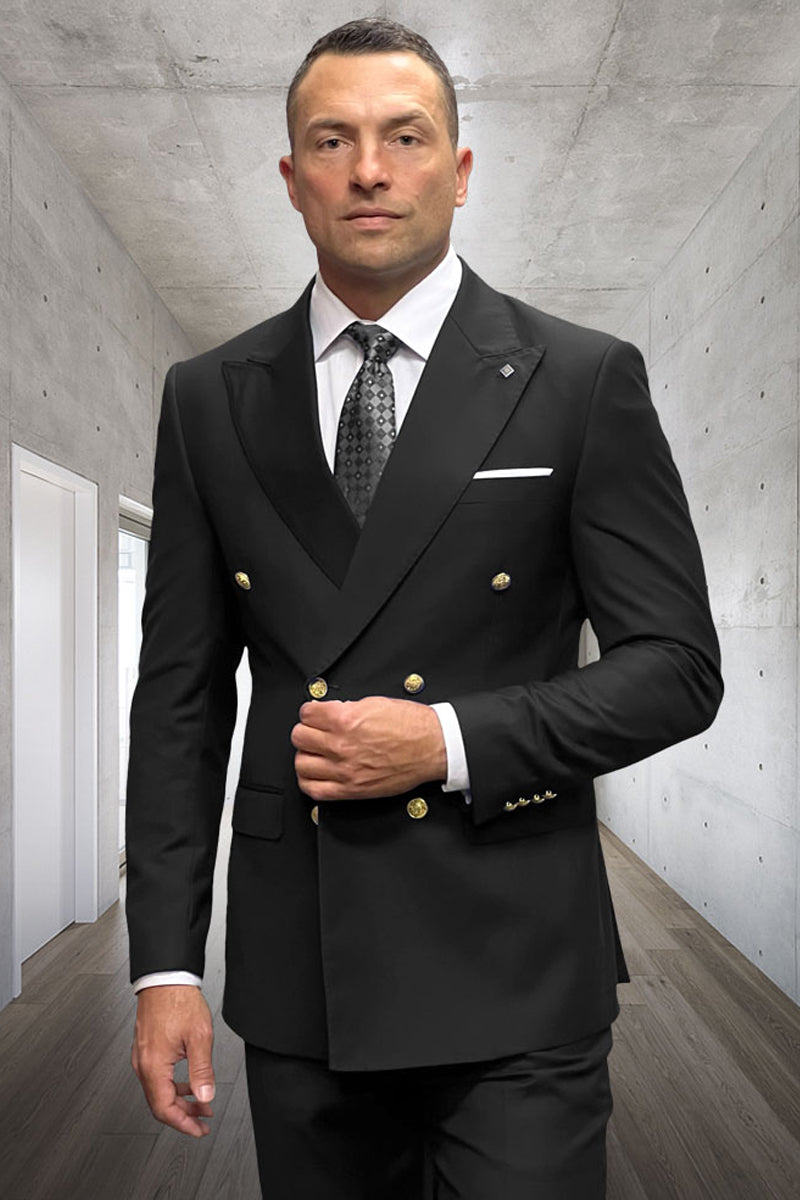 Men’s Black Double Breasted Wool Suit with Gold Buttons, Designer Formal Wedding Business Suit Set Modern Fit