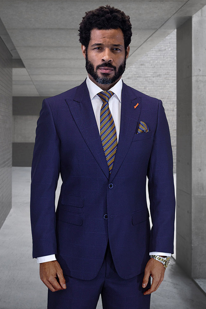 38 Men's Designer Two Button Peak Lapel Wool Suit in Navy Blue
