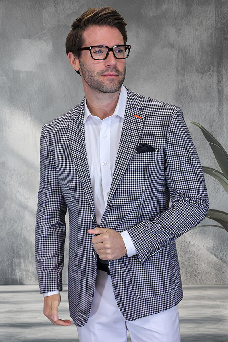 Mens Black Blazer - Men's Modern Fit Patch Pocket Designer Wool Summer Blazer in Black Windowpane