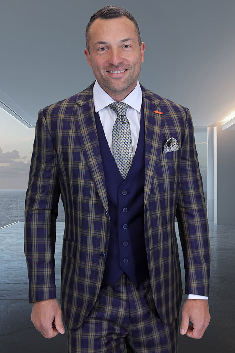 Men's Designer Modern Fit Wool Suit in Midnight Blue & Tan Plaid with Contrasting Vest
