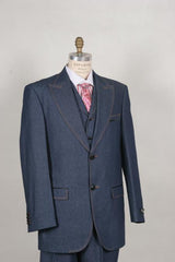 Men's Stylish Two Button Blue Suit Peak Lapel Vested Denim~Jean~Cotton wide leg pants - Three Piece Suit